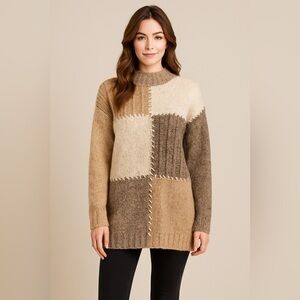 Grandmacore Patchwork Sweater Wool Blend Neutral Chunky Knit